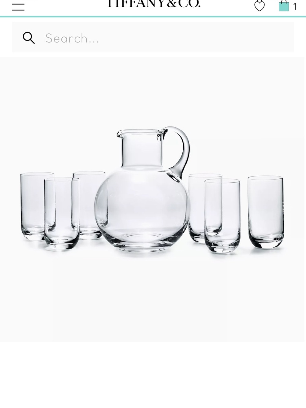 New Tiffany & Co. Clear Glass Pitcher and Tumbler Set